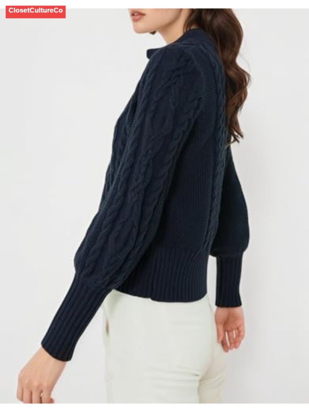 Cable Knit Cardigan Sweater Button Down Cropped Bishop Sleeve - Picture 2 of 6